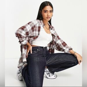 ASOS DESIGN long sleeve boyfriend shirt in dark red and white check Sz 6
